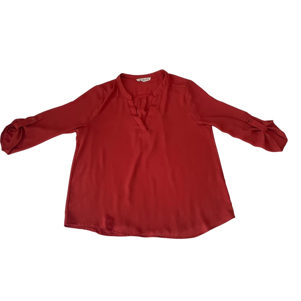 00748 Pink Rose Orange Roll Tab Sleeve V Neck High Low Blouse‎ Women Medium - Picture 7 of 8